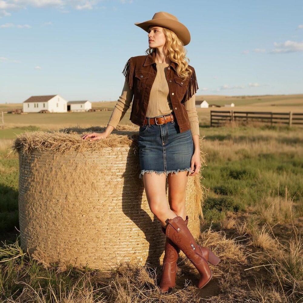 Women's Brown Leather Embroidered Pointed Toe Wide Calf Western Cowgirl Boots - Picture 2 of 7